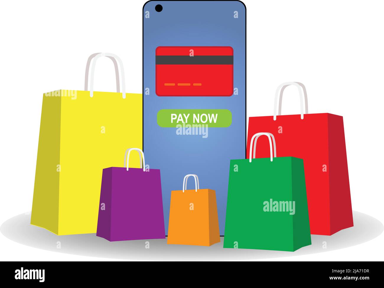 Shopping bag con smartphone con una carta e il testo pagare ora Illustrazione Vettoriale