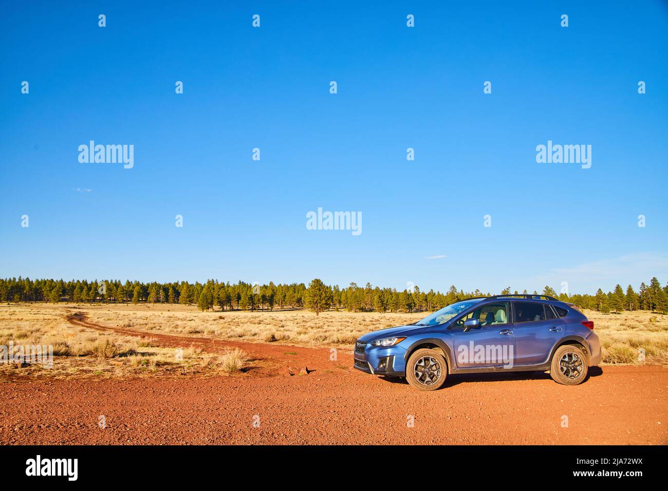 Avventurarsi con Subaru Crosstrek blu sulla strada del deserto in Arizona Foto Stock