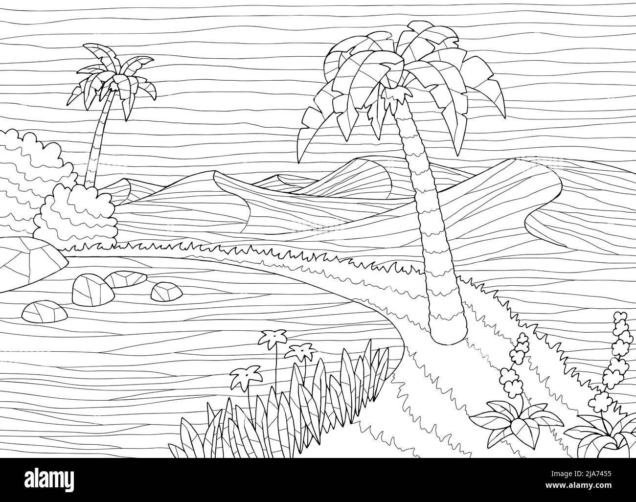 Oasis coloring deserto grafico bianco nero paesaggio illustrazione vettore Illustrazione Vettoriale