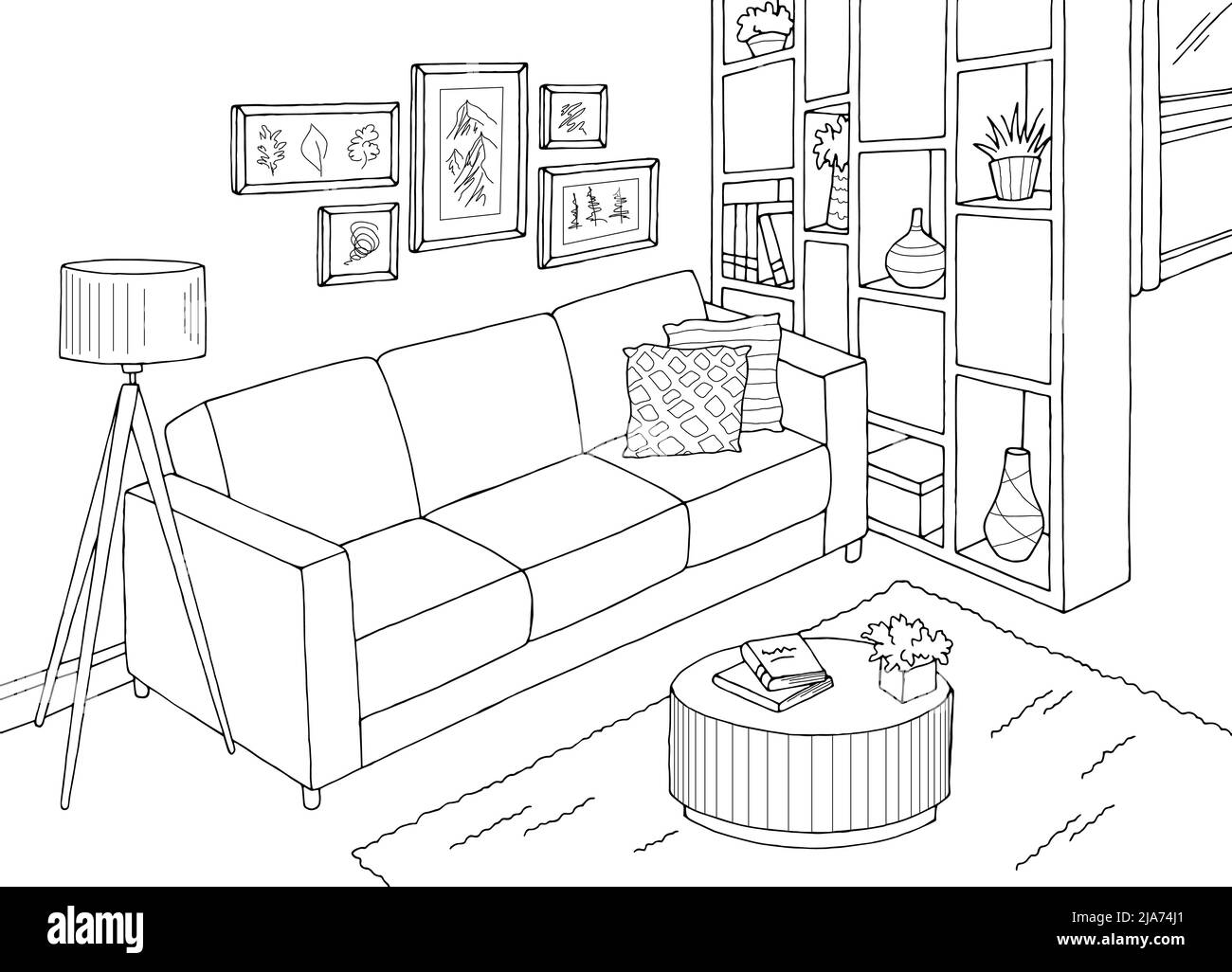 Grafico interno nero bianco grafico del salotto illustrazione vettore Illustrazione Vettoriale