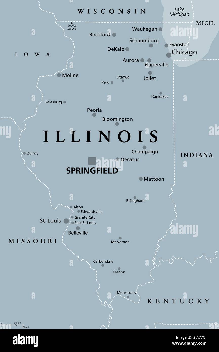 Illinois, il, mappa politica grigia con la capitale Springfield e l'area metropolitana Chicago. Stato nella regione Midwest degli Stati Uniti. Foto Stock