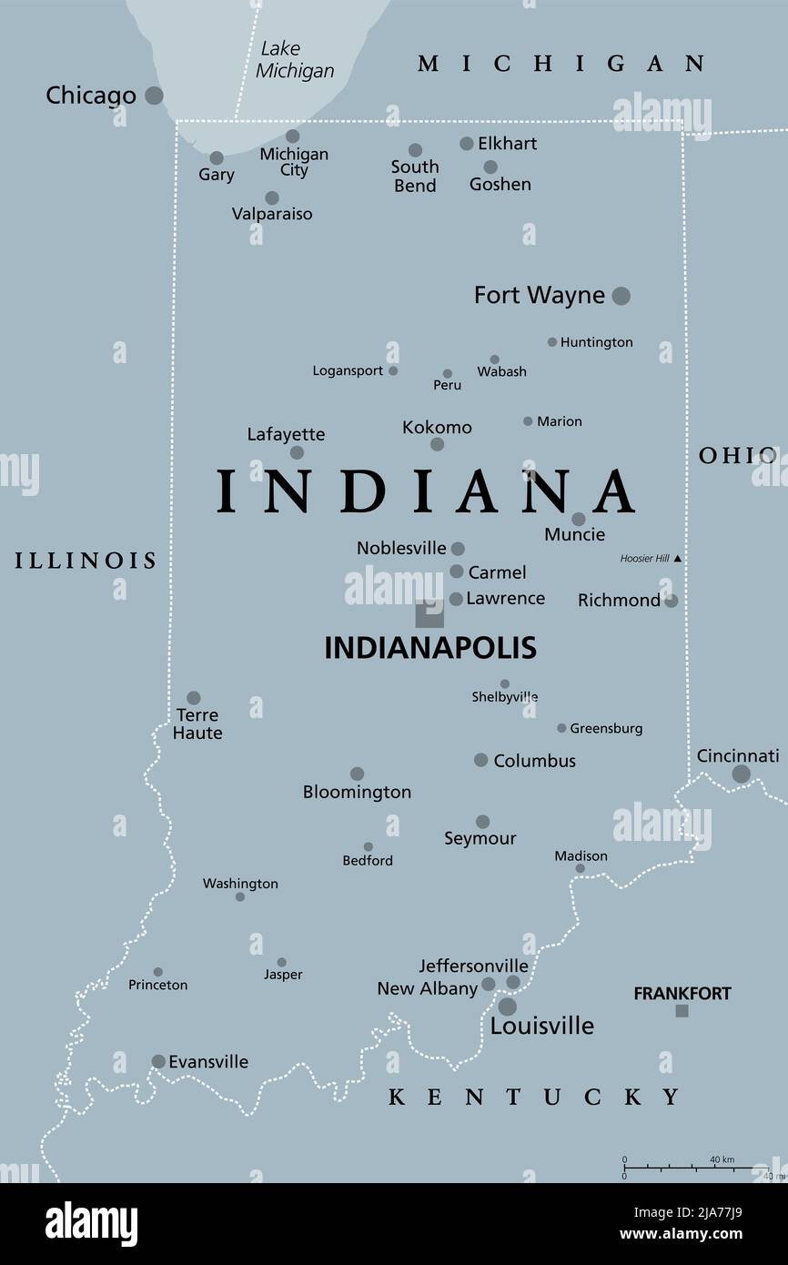 Indiana, IN, mappa politica grigia con la capitale Indianapolis, e le più importanti città, fiumi e laghi. Stato nella regione del Midwest. Foto Stock