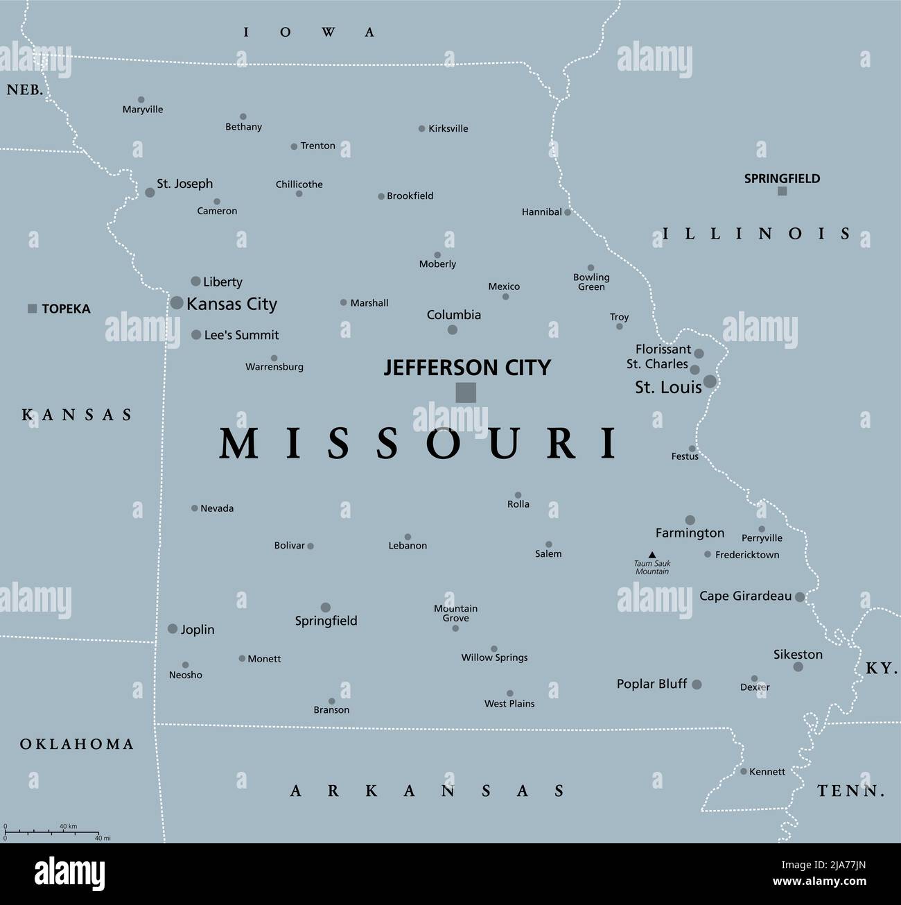 Missouri, MO, mappa politica grigia con la capitale Jefferson City, città più grandi, laghi e fiumi. Stato nella regione Midwest degli Stati Uniti. Foto Stock
