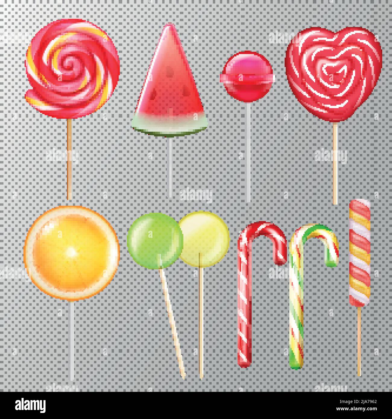 Caramelle lollypops vari gusti forme sapori realistico set con rigato swirl cuore canna sfera trasparente vettore illustrazione Illustrazione Vettoriale