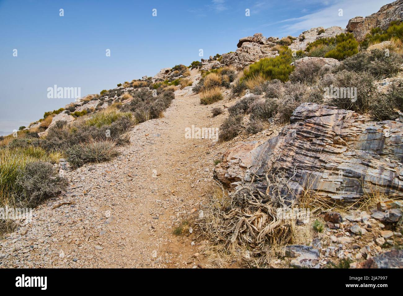 Sentiero escursionistico attraverso ripida collina con massi nel deserto Foto Stock