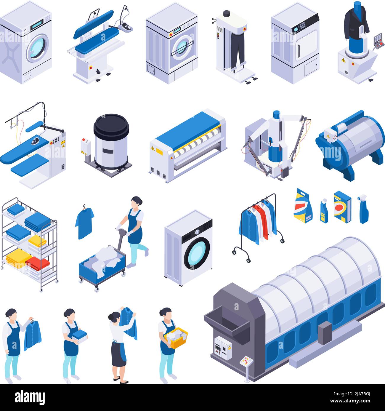 Bucato set di icone isometriche con caratteri umani isolati lavatrici detergenti e pannelli di gonna illustrazione vettoriale Illustrazione Vettoriale