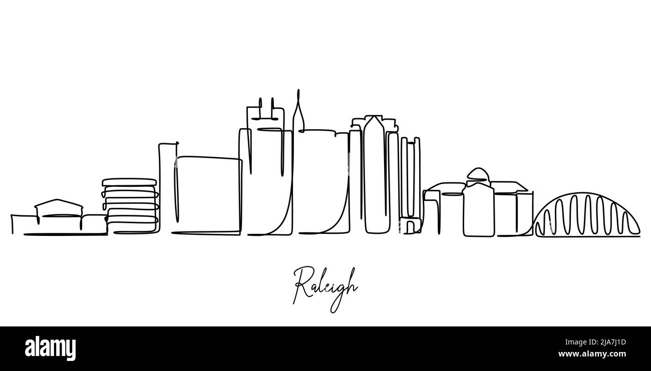 Disegno continuo di Raleigh North Carolina City Skyline. Splendido punto di riferimento. Mondo paesaggio turismo viaggio vacanza poster stampa. Illustrazione Vettoriale