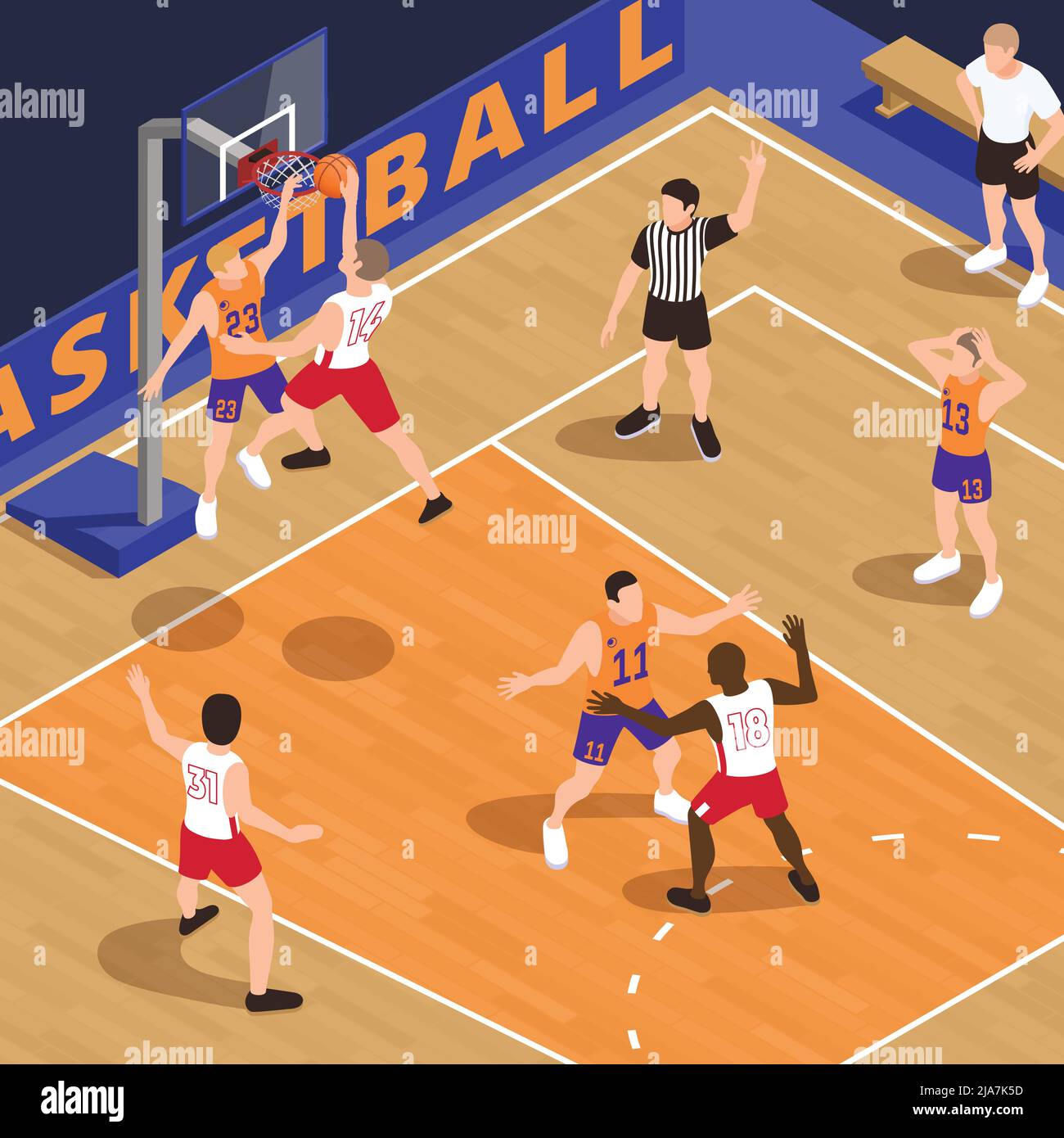 Composizione isometrica basket con personaggi umani di giocatori di squadra e arbitro in campo con illustrazione vettoriale polo basket Illustrazione Vettoriale