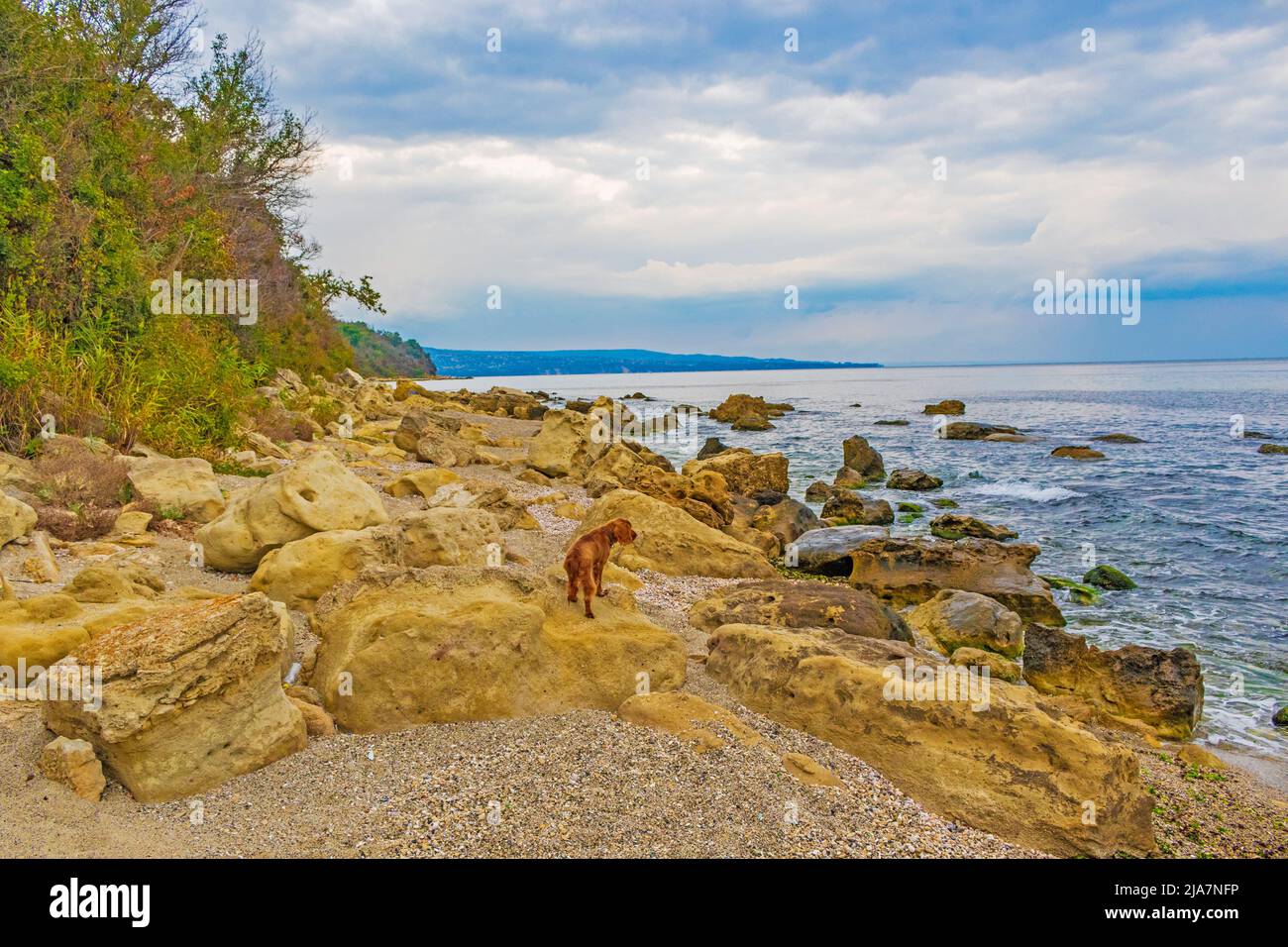 Bella spiaggia vuota di capo Galata, costa del Mar Nero, Varna Bulgaria Foto Stock