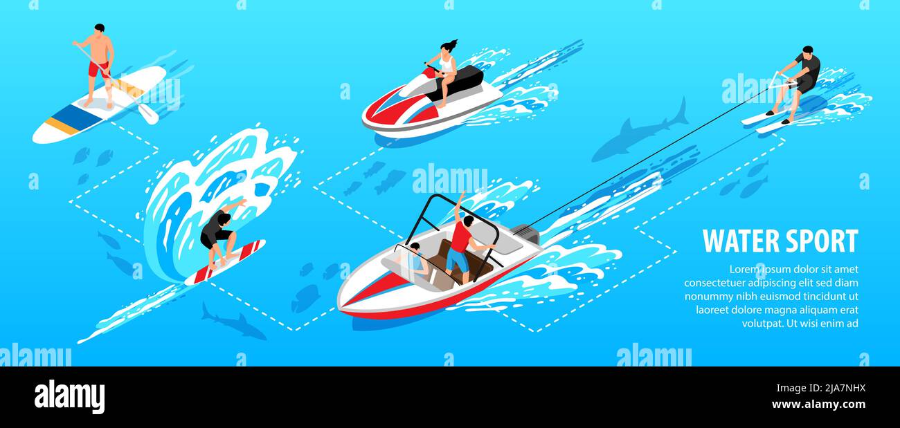 Infografica isometrica per sport acquatici con simboli di surf e speed boat illustrazione vettoriale Illustrazione Vettoriale