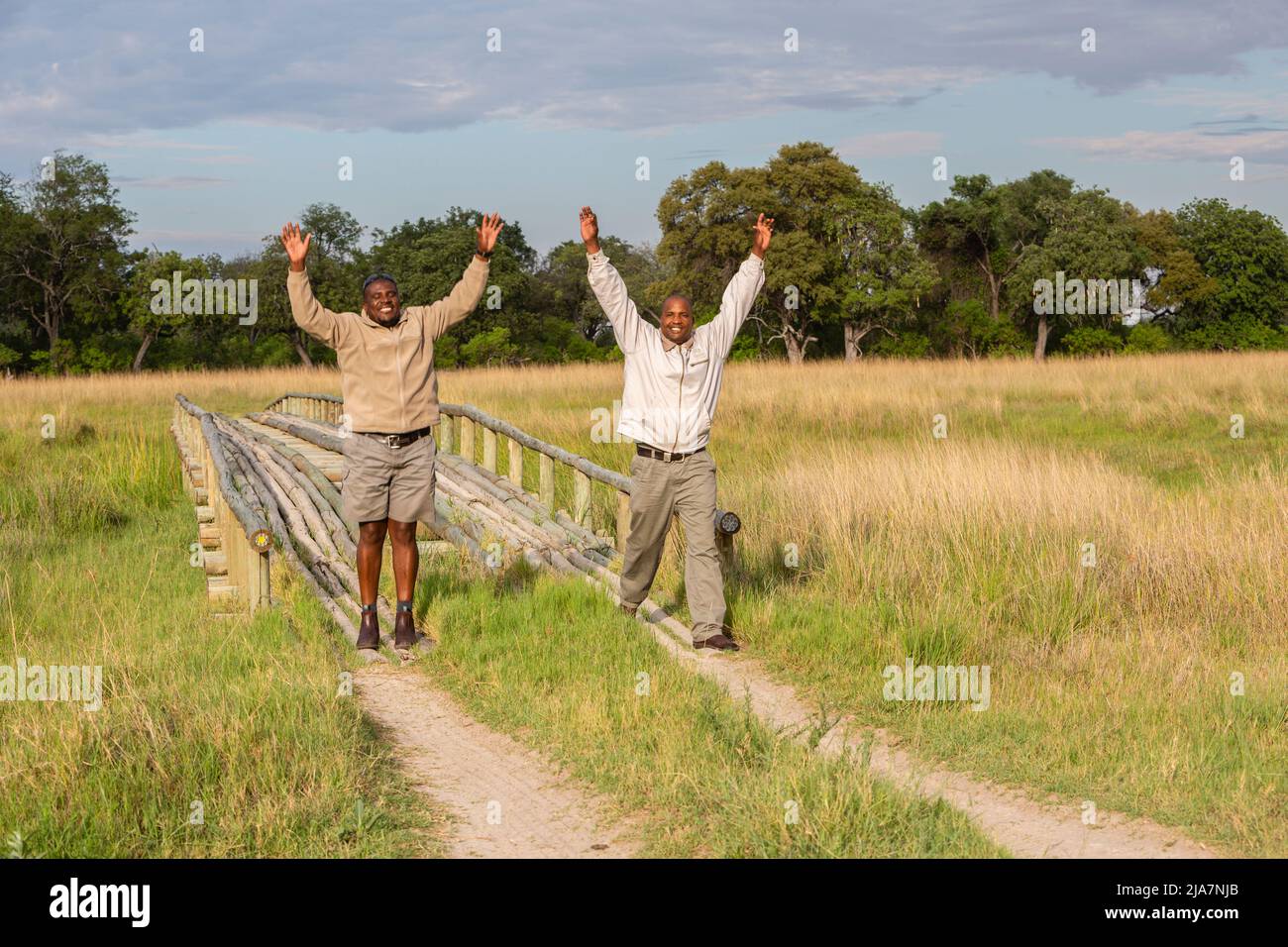 Pilota safari Botswana e inseguitore nella riserva di gioco di Moremi Foto Stock