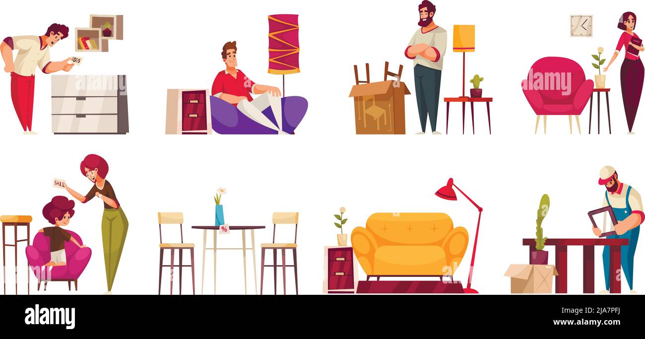 Negozio di mobili 8 composizioni cartoon con i clienti che scelgono di acquistare articoli interni consegna lavoratore assembla tabella vettore illustrazione Illustrazione Vettoriale