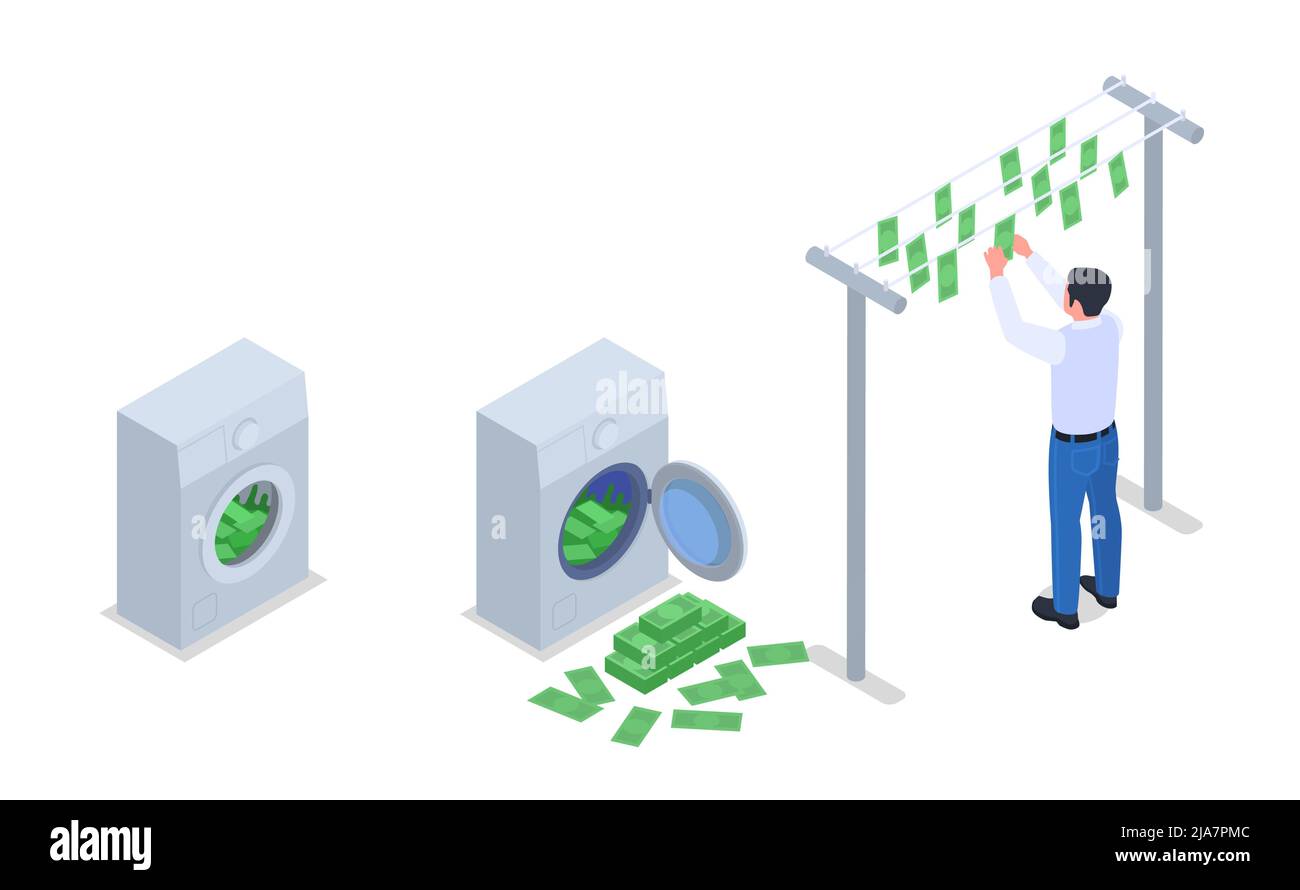 Corruzione denaro corruzione lavanderia uomo appeso banconote su lavatrici clothesline riempito con contanti isometric vettore illustrazione Illustrazione Vettoriale