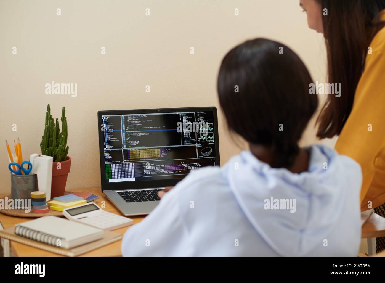Gli studenti universitari rivedono le righe del codice di programmazione sullo schermo del laptop e cercano gli errori Foto Stock