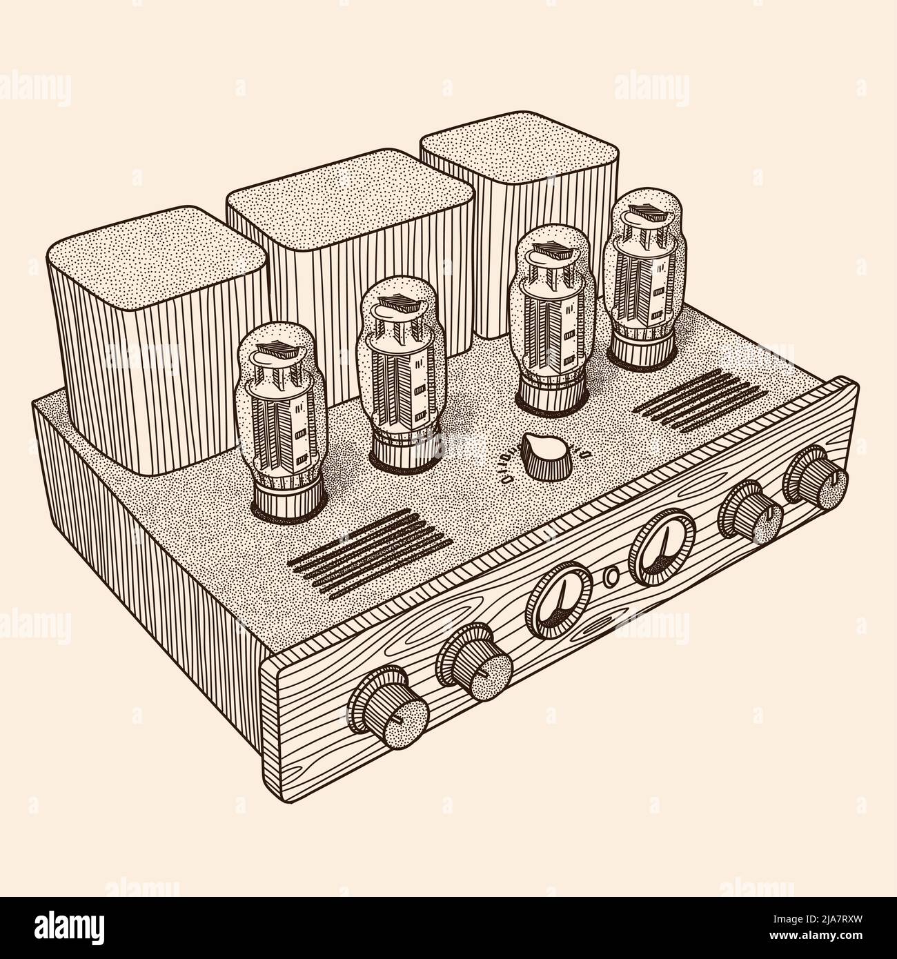 Amplificatore a tubo vintage con indicatori per l'ascolto della musica. Dispositivo isolato su sfondo beige. Illustrazione Vettoriale
