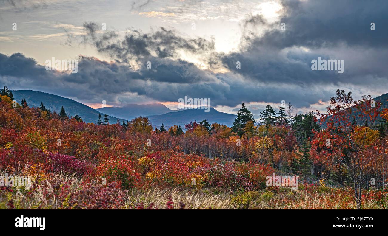 Paesaggio sulla Kancamagus Highway a fine autunno con il suggestivo cielo mattutino Foto Stock