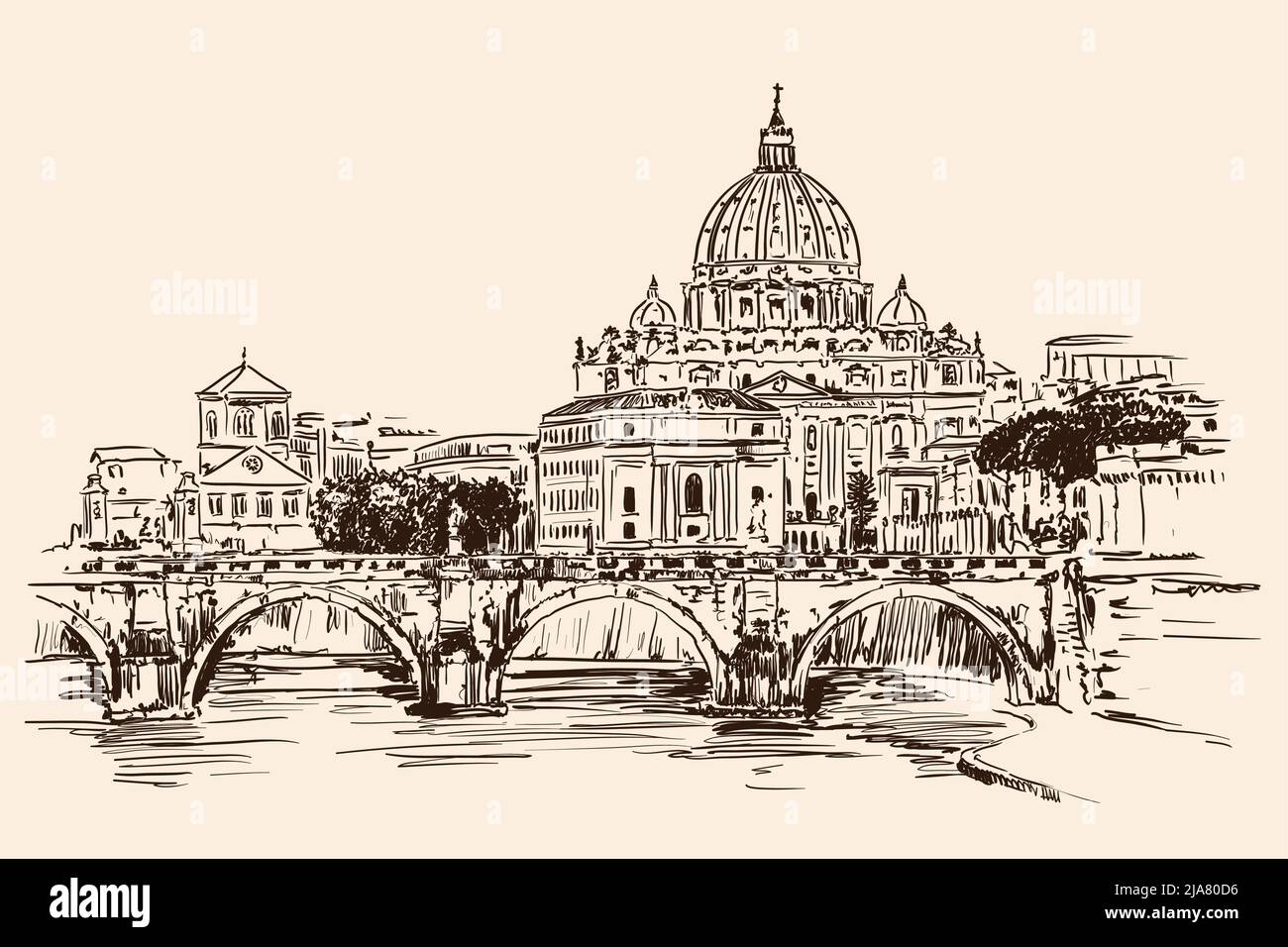 Vista della Cattedrale di San Pietro sul Tevere a Roma. Schizzo rapido. Illustrazione Vettoriale