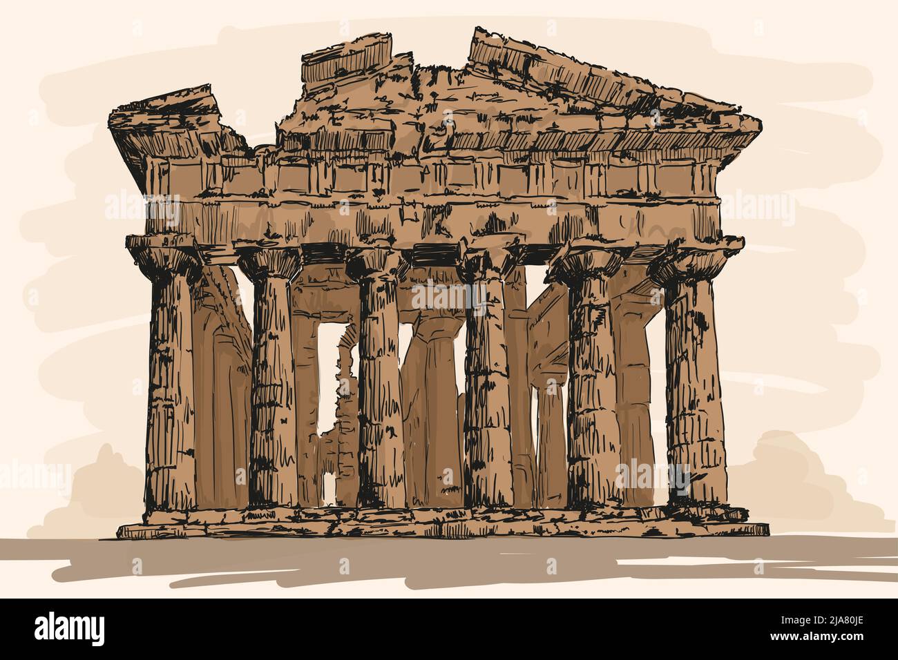 Tempio in pietra pregreca rovinata con colonne. Schizzo rapido a mano su sfondo beige. Illustrazione Vettoriale