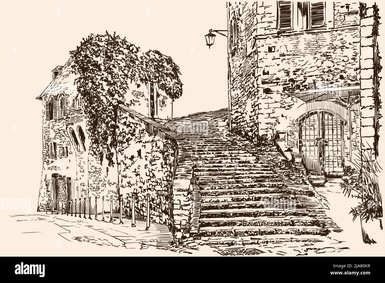 Disegno a mano su sfondo beige. Strada della città vecchia con scale in pietra e case in mattoni. Illustrazione Vettoriale