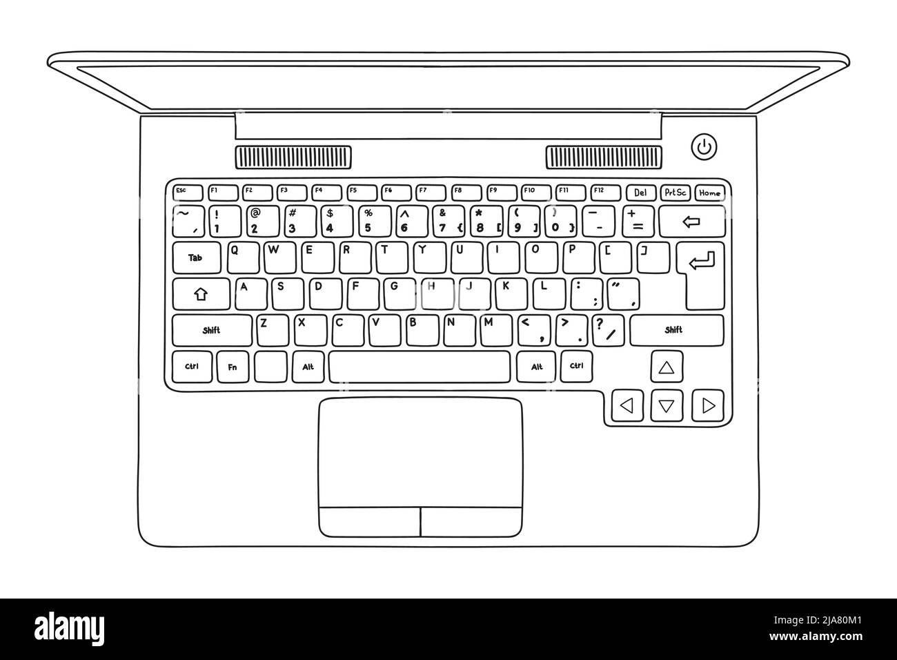Schizzo vettoriale di un laptop aperto isolato su sfondo bianco. Vista dall'alto in primo piano. Illustrazione Vettoriale
