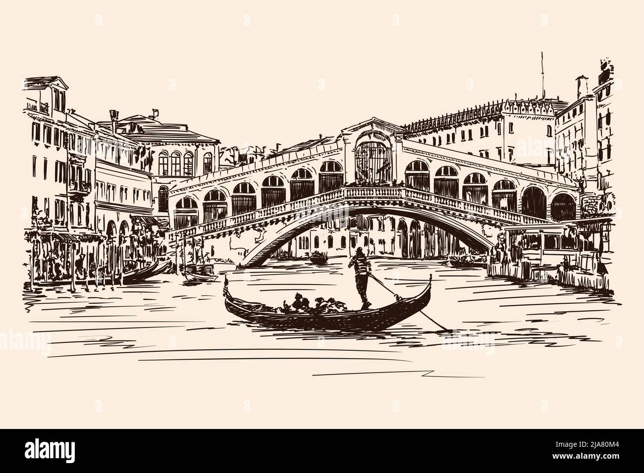 Vecchio Ponte di Rialto sul Canal Grande di Venezia. Disegno vettoriale. Illustrazione Vettoriale