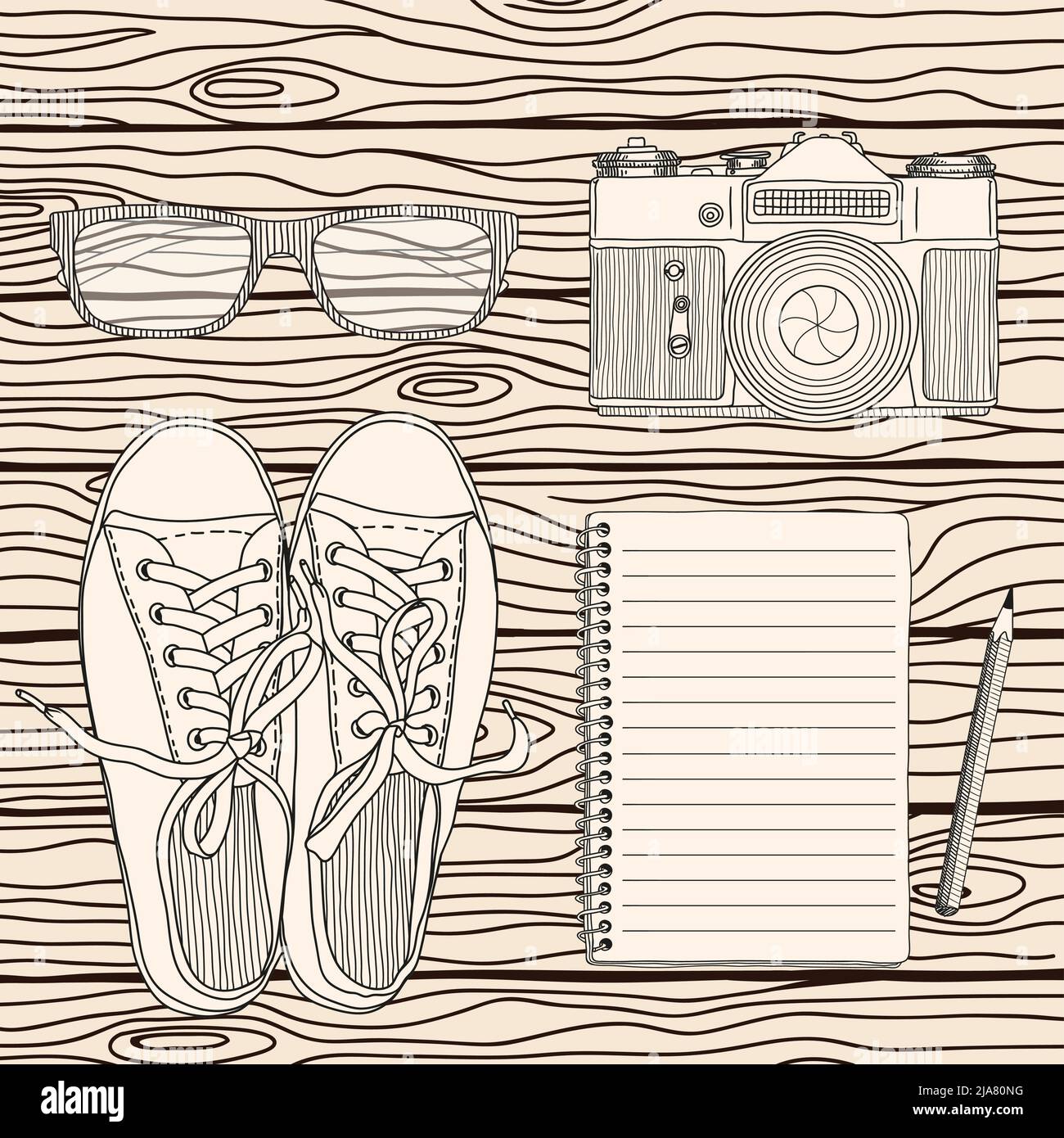 Un set di accessori per il fotografo di viaggio sullo sfondo di tavole di legno. Illustrazione vettoriale su sfondo beige. Illustrazione Vettoriale