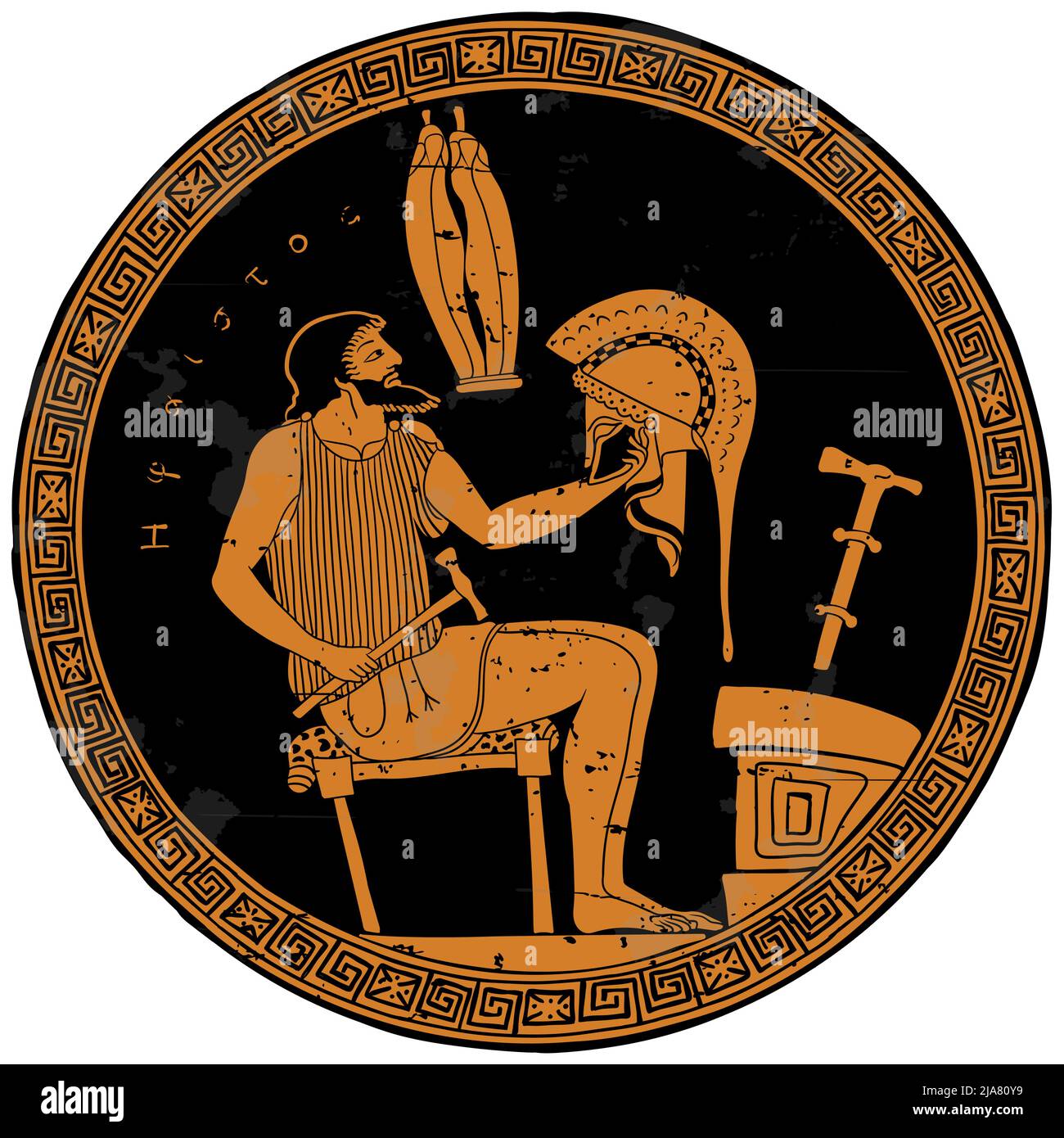 L'antico dio greco Efesto siede su una sedia e crea un casco per un guerriero. Disegno sul fondo di una pentola di ceramica. Illustrazione Vettoriale