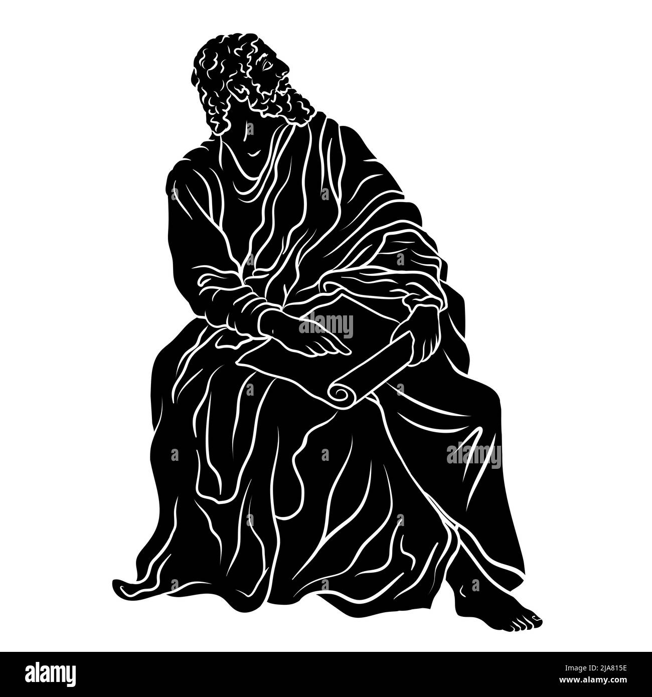 Antico greco antico uomo filosofo saggio siede con papiro nelle sue mani. Illustrazione Vettoriale