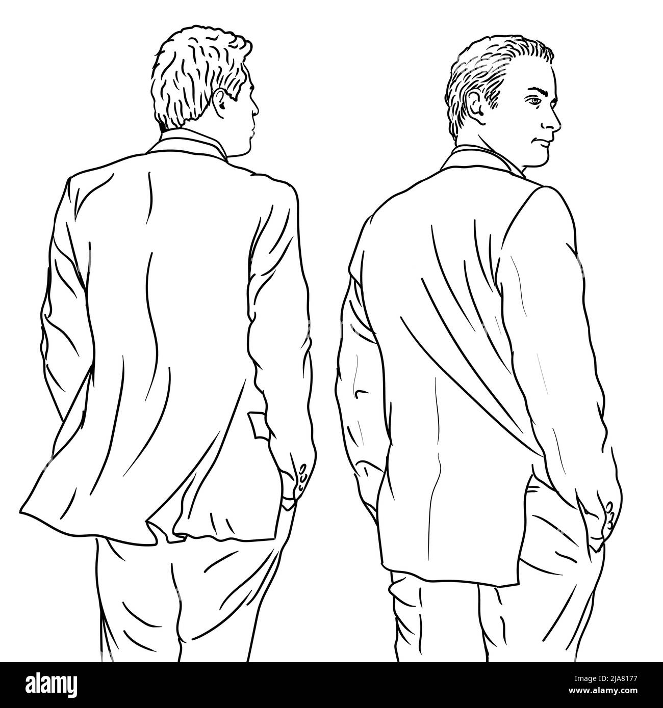 Un giovane uomo in abito classico si alza con la schiena girata. Illustrazione Vettoriale