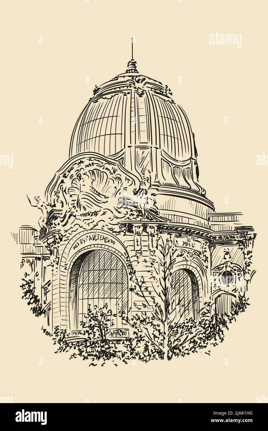 La cupola della cattedrale in stile classico con archi, statue e orologi. Disegnare su uno sfondo beige. Illustrazione Vettoriale