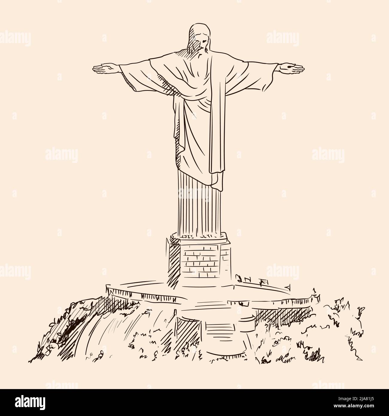 Un rapido schizzo a mano di una grande statua di Cristo Redentore a Rio de Janeiro, Brasile. Illustrazione Vettoriale