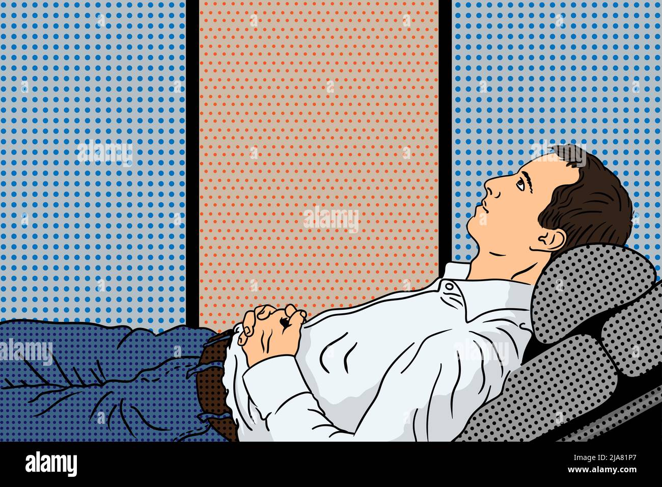 Un giovane uomo in camicia bianca si trova su una poltrona durante una sessione con uno psicoanalista con le mani ripiegate. Illustrazione di tipo pin-up. Illustrazione Vettoriale