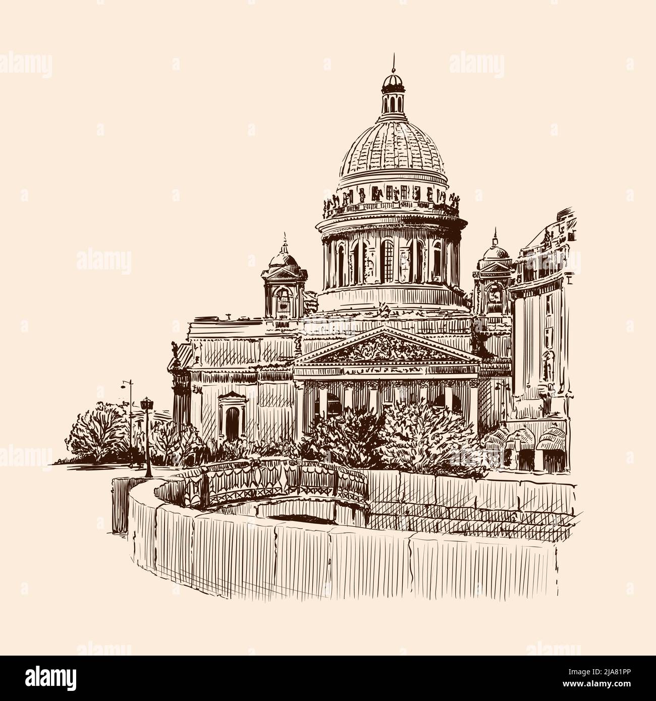 Via di San Pietroburgo con vista sul tempio, edifici in stile classico e il ponte sul fiume. Disegno fatto a mano su un dorso beige Illustrazione Vettoriale