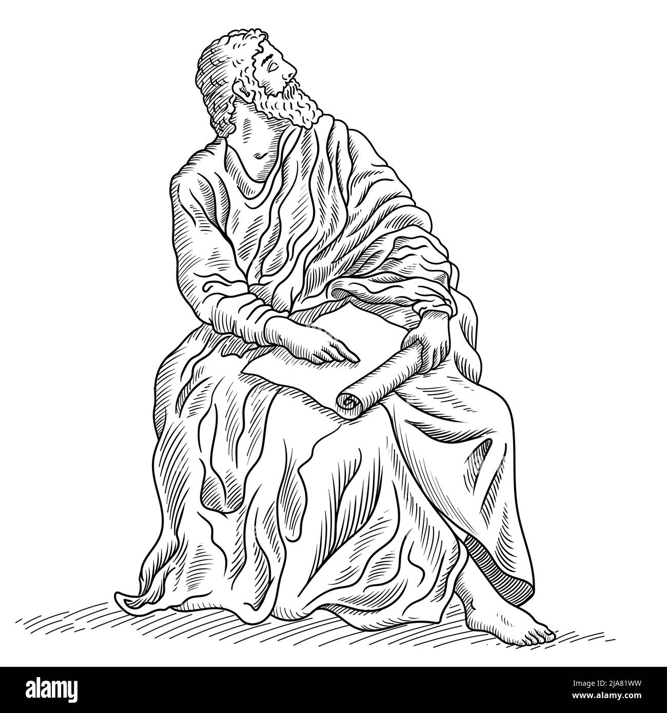 Antico greco antico uomo filosofo saggio siede con papiro nelle sue mani. Illustrazione Vettoriale