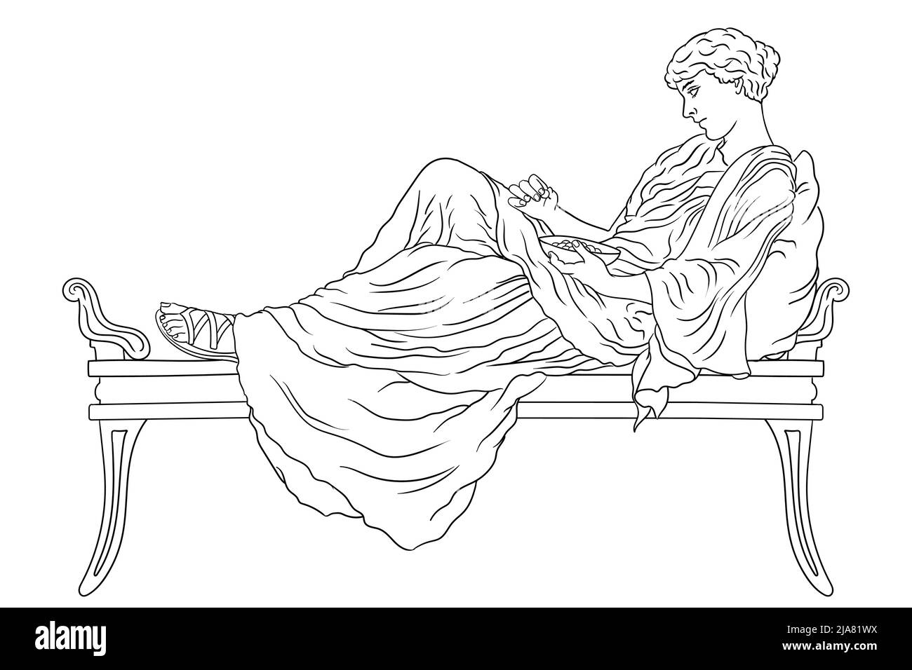Una giovane donna greca antica si trova sul letto con cuscino e mangia frutta dalla ciotola isolata su sfondo bianco. Illustrazione Vettoriale