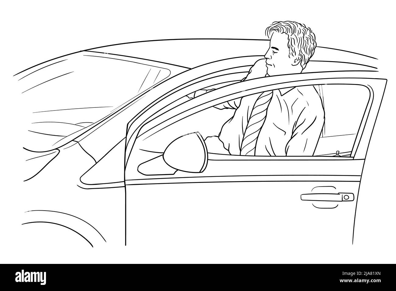 Un giovane uomo in una maglietta con cravatta si siede all'interno dell'auto aprendo la porta. Illustrazione Vettoriale