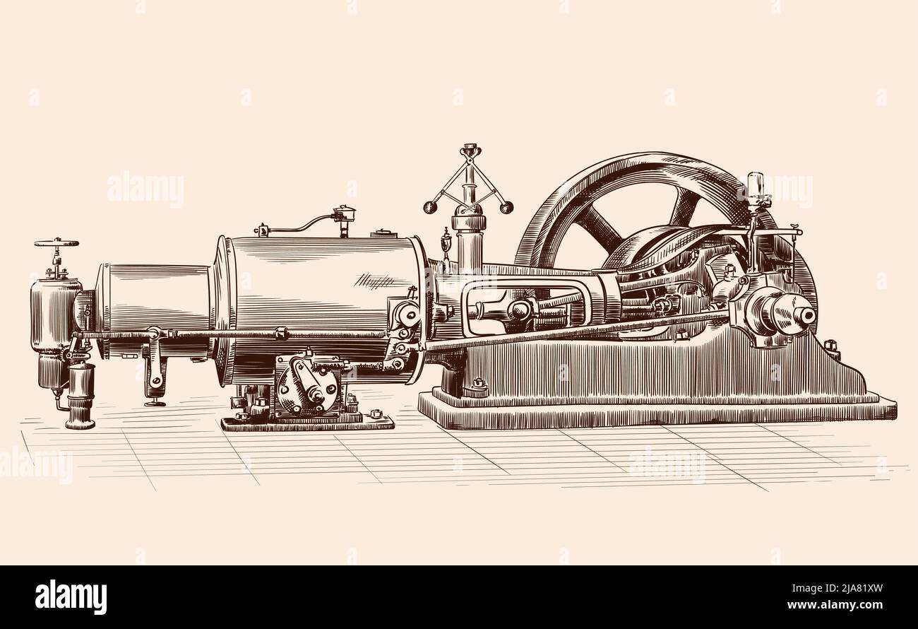 Disegno di un vecchio motore a vapore con una caldaia, un volano e un meccanismo a pistone. Illustrazione Vettoriale
