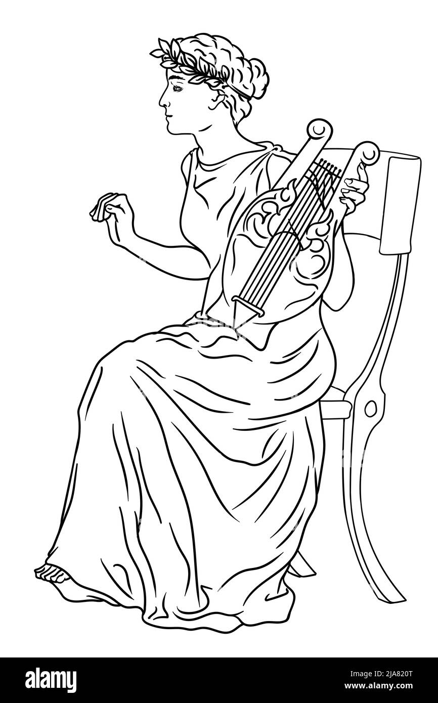Antica dea greca dell'arte con un'arpa in mano e una corona di alloro sulla testa. Illustrazione Vettoriale