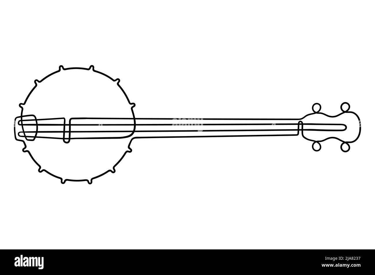 Disegno a una linea. Strumento acustico musicale banjo con corde. Illustrazione Vettoriale