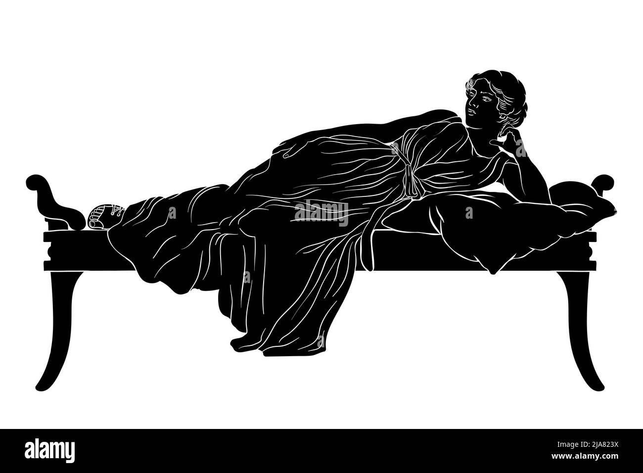 Una giovane donna greca antica si trova sul letto con cuscino isolato su sfondo bianco. Illustrazione Vettoriale