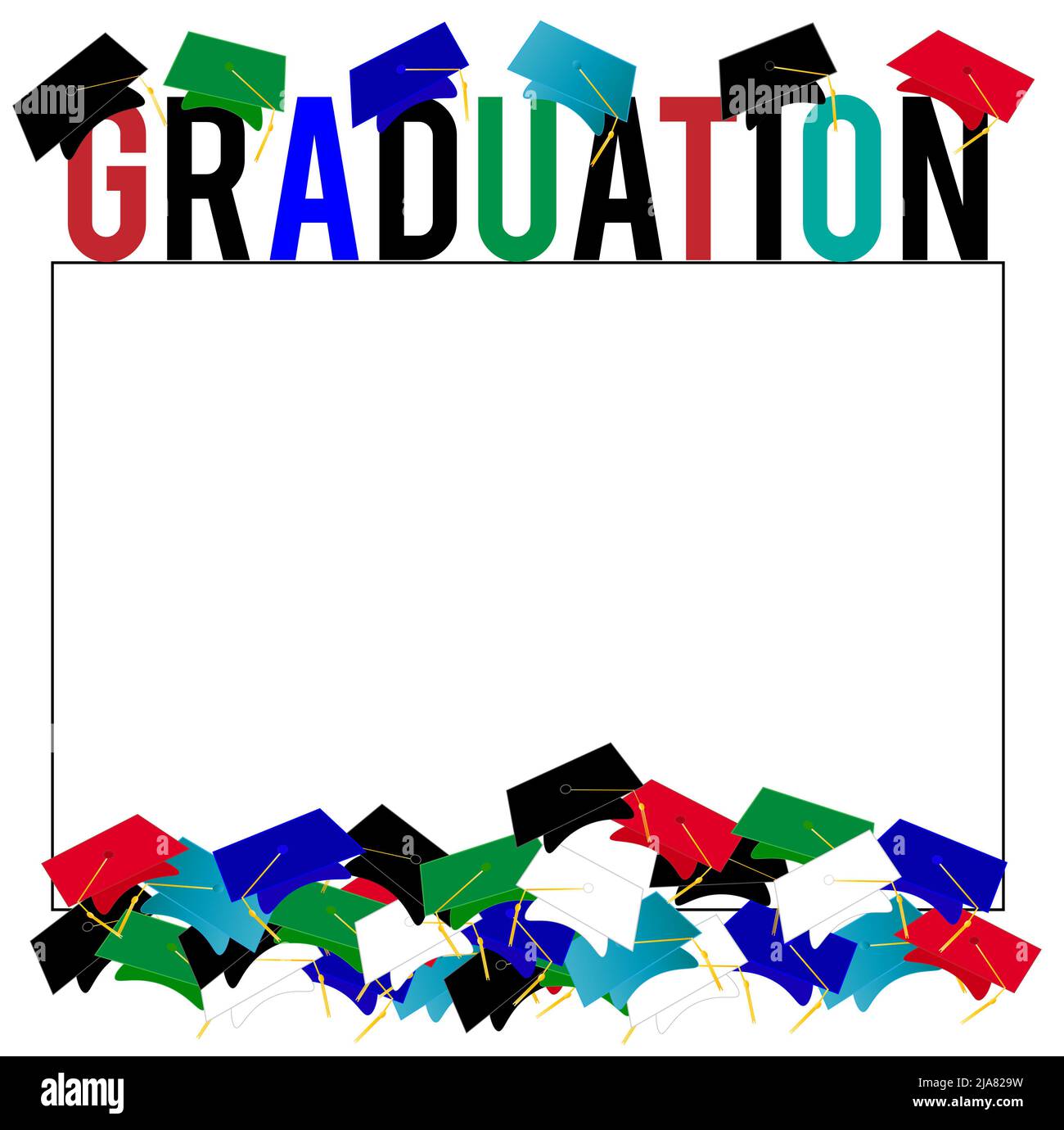 Sfondo graduato con assortimento di cappucci graduati colorati circostanti, testo graduato. Foto Stock