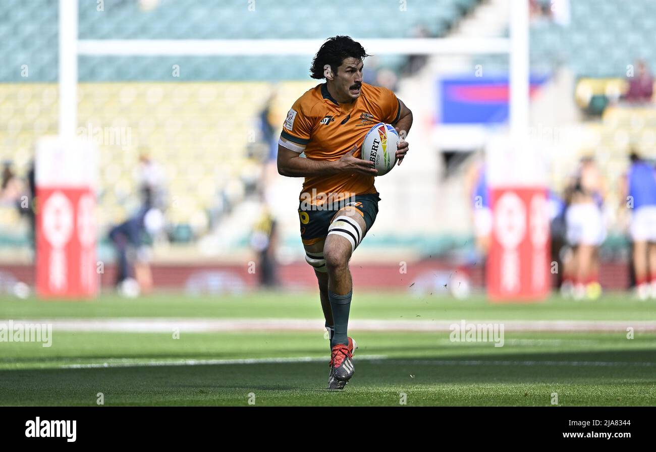 Twickenham. Regno Unito. 28 maggio 2022. Londra HSBC World rugby sette.. Stadio di Twickenham. Twickenham. Henry Paterson (Australia) fa una pausa durante la partita Pool C tra Australia e Nuova Zelanda nel mondo HSBC di Londra sette rugby. Foto Stock