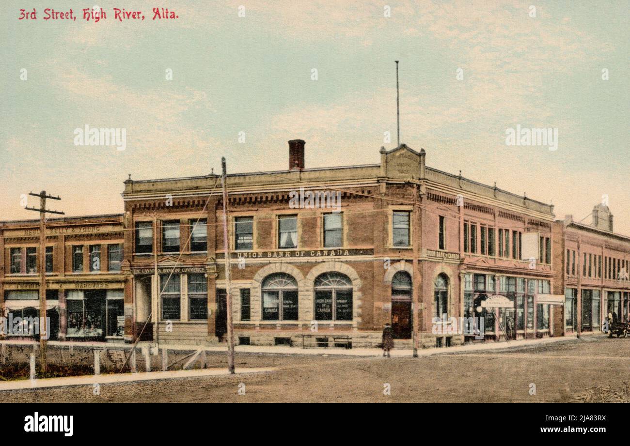 3rd Street, High River Alberta Canada, circa 1910s cartoline. Fotografo non identificato Foto Stock