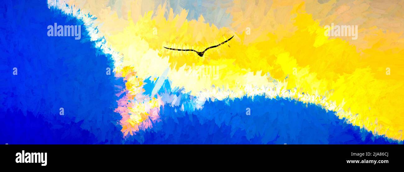Una silhouette di uccello che volava verso Un morbido cielo romantico pastello in formato immagine banner di pittura Foto Stock Una silhouette di uccello che volava verso Un morbido cielo romantico pastello in formato immagine banner di pittura Foto Stock