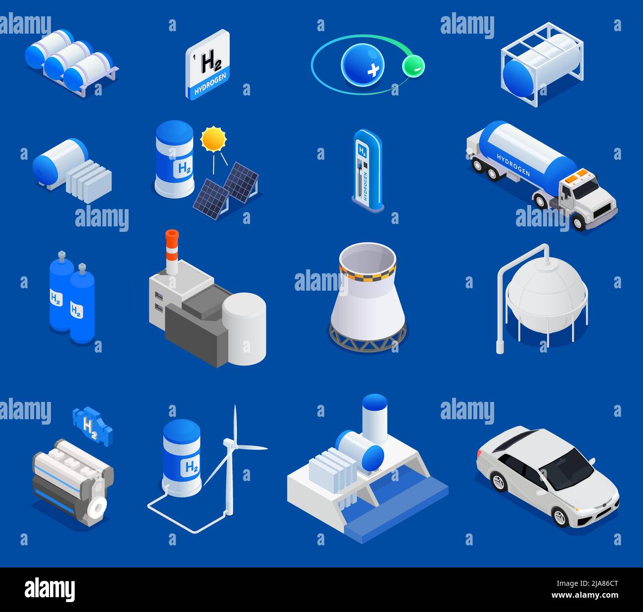 Set isometrico con 3D icone che mostrano la produzione di idrogeno da fonti rinnovabili eolico energia solare stoccaggio auto su sfondo blu isolato vettore illust Illustrazione Vettoriale