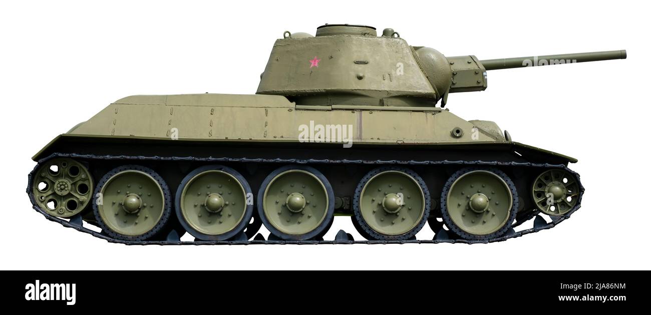 Carro armato sovietico isolato dell'esercito rosso su uno sfondo bianco Foto Stock