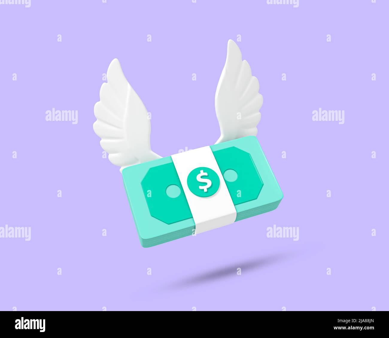 Flying Money 3D icona. Simbolo di cassa volante. Dollaro volante con ali. Soldi con le ali. Contanti con le ali. Pacchetto contanti 3D Flying stack di denaro Foto Stock