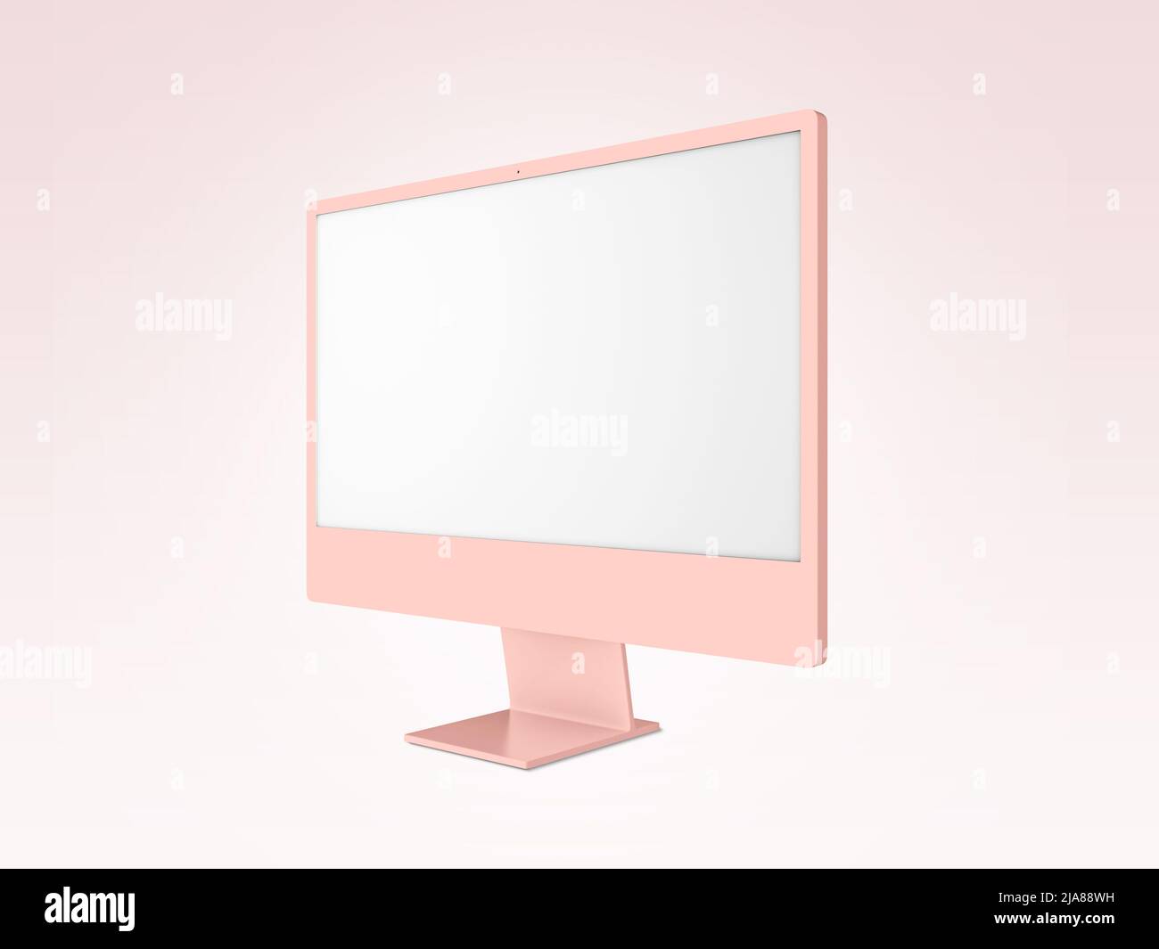 Computer desktop nuovo e più recente. 5K e 4K Display 2022. Monitor computer vuoto isolato su sfondo rosa per il mockup. Foto Stock