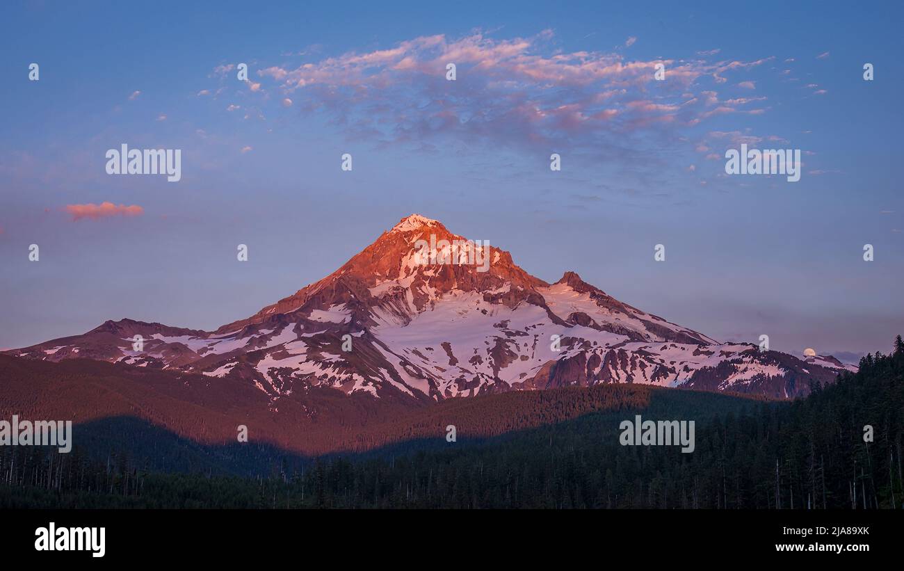 Mount Hood al tramonto con luna piena che sorge, Cascade Mountains, Oregon. Foto Stock