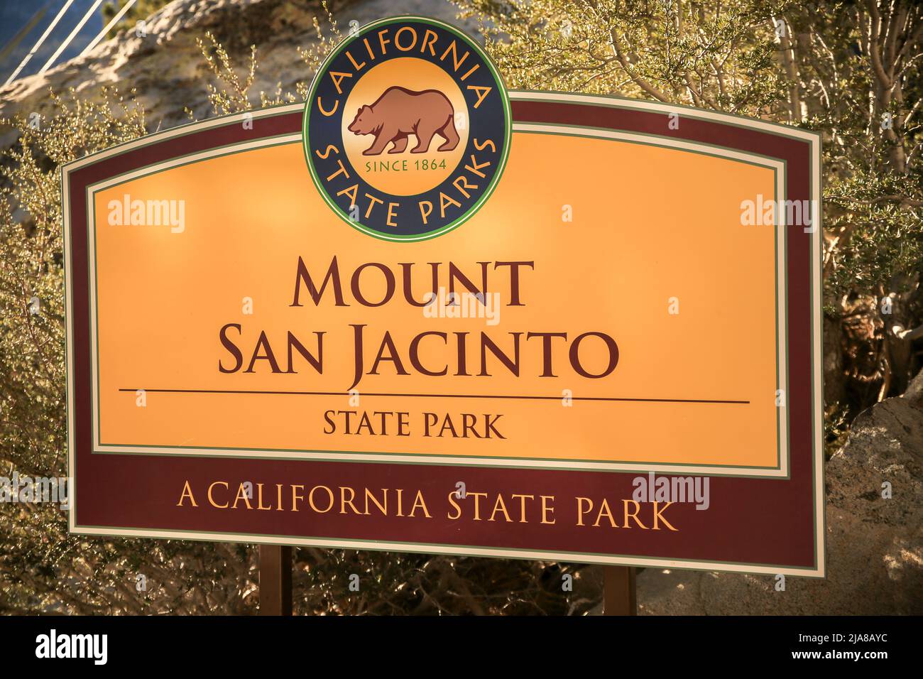 Ingresso al Mount San Jacinto, cartello del California state Park. Cartelli con display informativo, Palm Springs, CA, USA Foto Stock